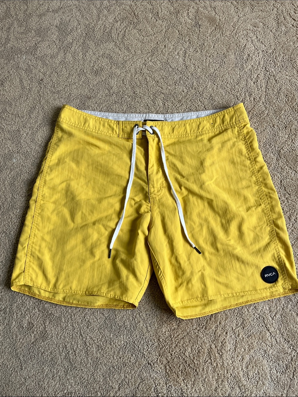 RVCA Men's Bright Yellow Swim Board Shorts with White Drawstring